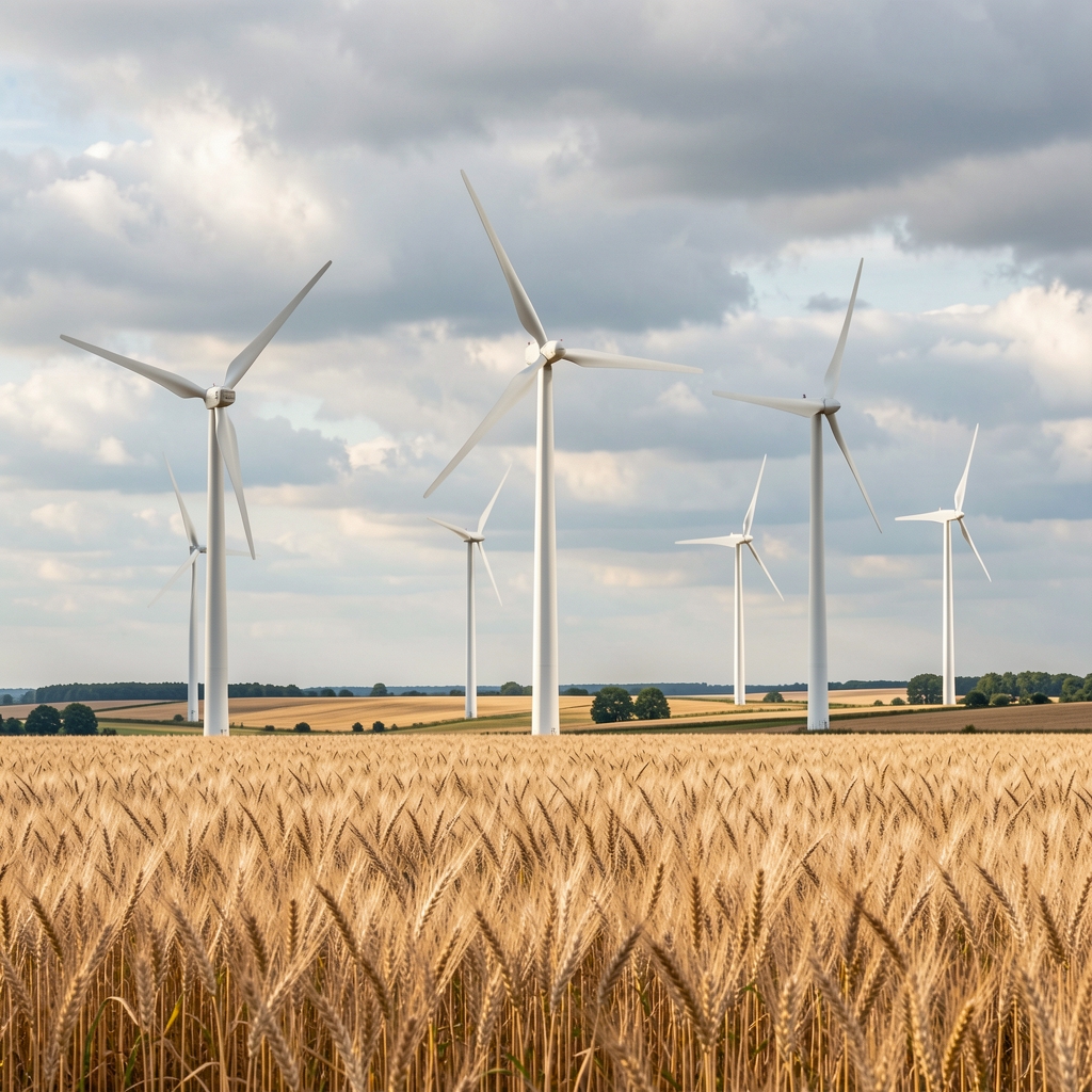 Parc éolien terrestre dans la campagne française avec turbines blanches tournant au vent, champs de blé en premier plan sous un ciel nuageux
