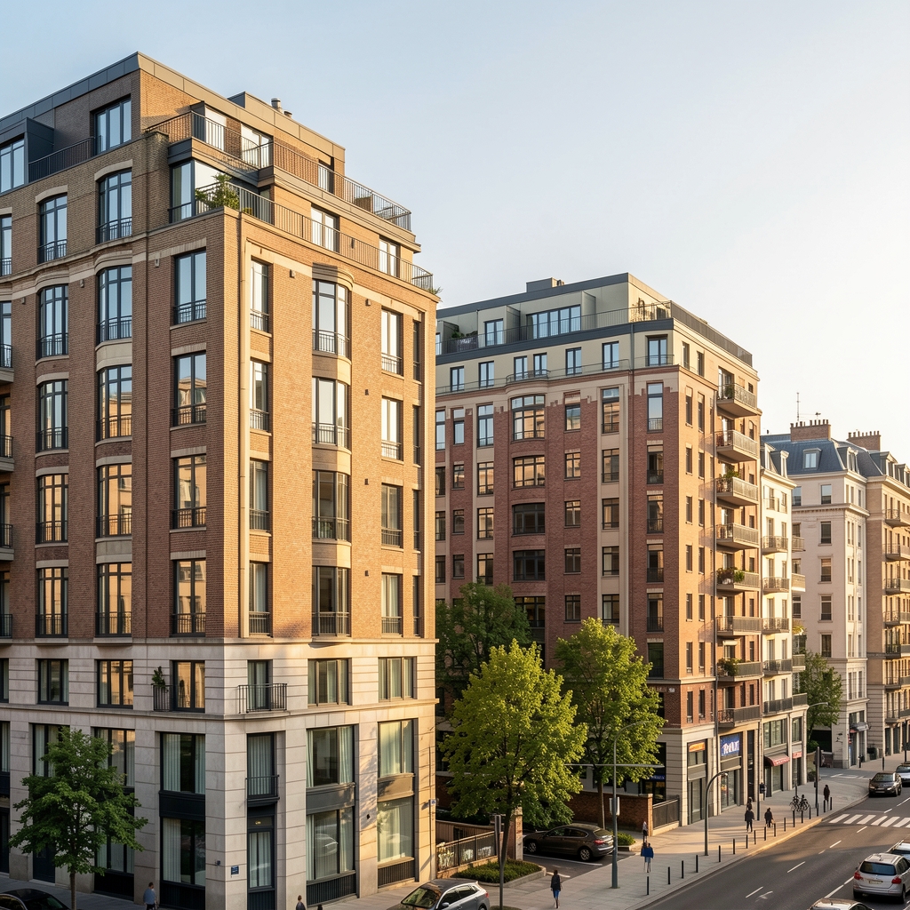 Immeubles d'appartements dans une banlieue française avec des façades colorées, contraste entre logements sociaux et résidences privées