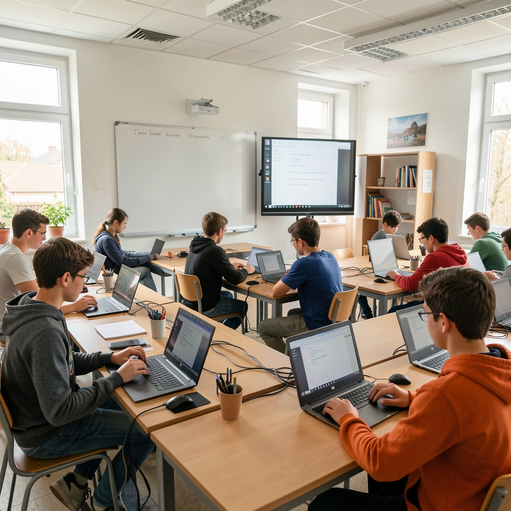 Salle de classe française moderne avec élèves du secondaire travaillant sur des ordinateurs portables, tableau blanc interactif en fond