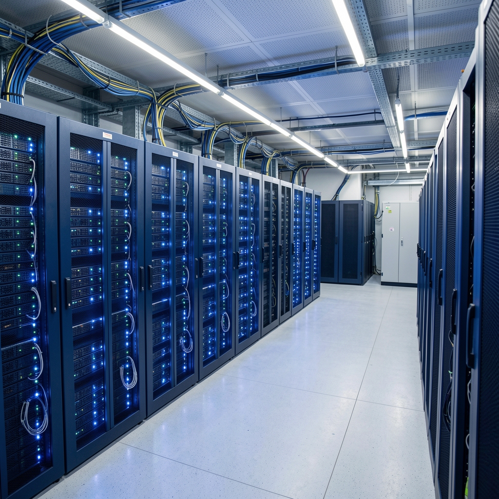 Salle de serveurs informatiques avec rangées de serveurs bleus éclairés, câbles et lumières LED dans un datacenter moderne en France