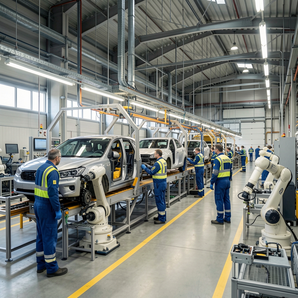 Usine automobile française moderne avec chaîne de montage automatisée, robots industriels et travailleurs en combinaisons de sécurité