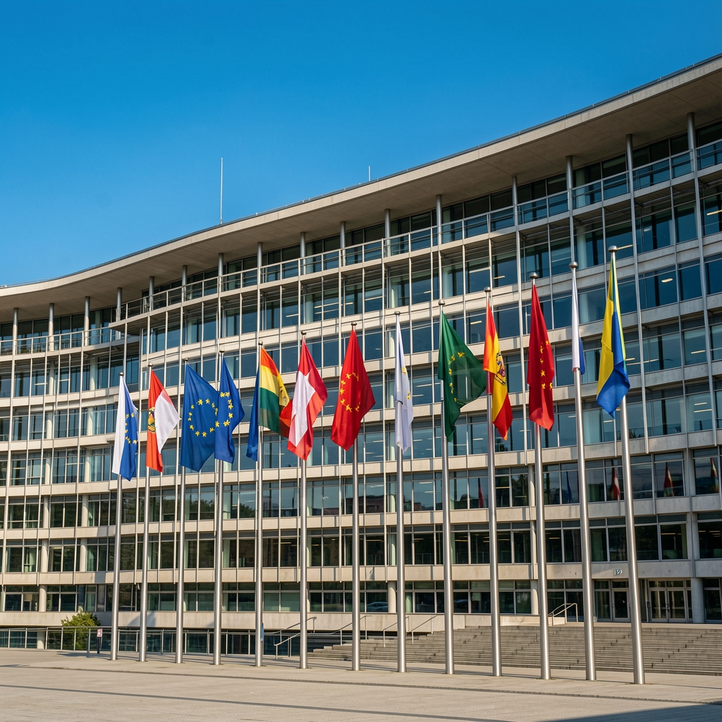 Bâtiment du Parlement européen à Strasbourg avec les drapeaux des États membres en rangée sur la façade principale, ciel bleu en arrière-plan