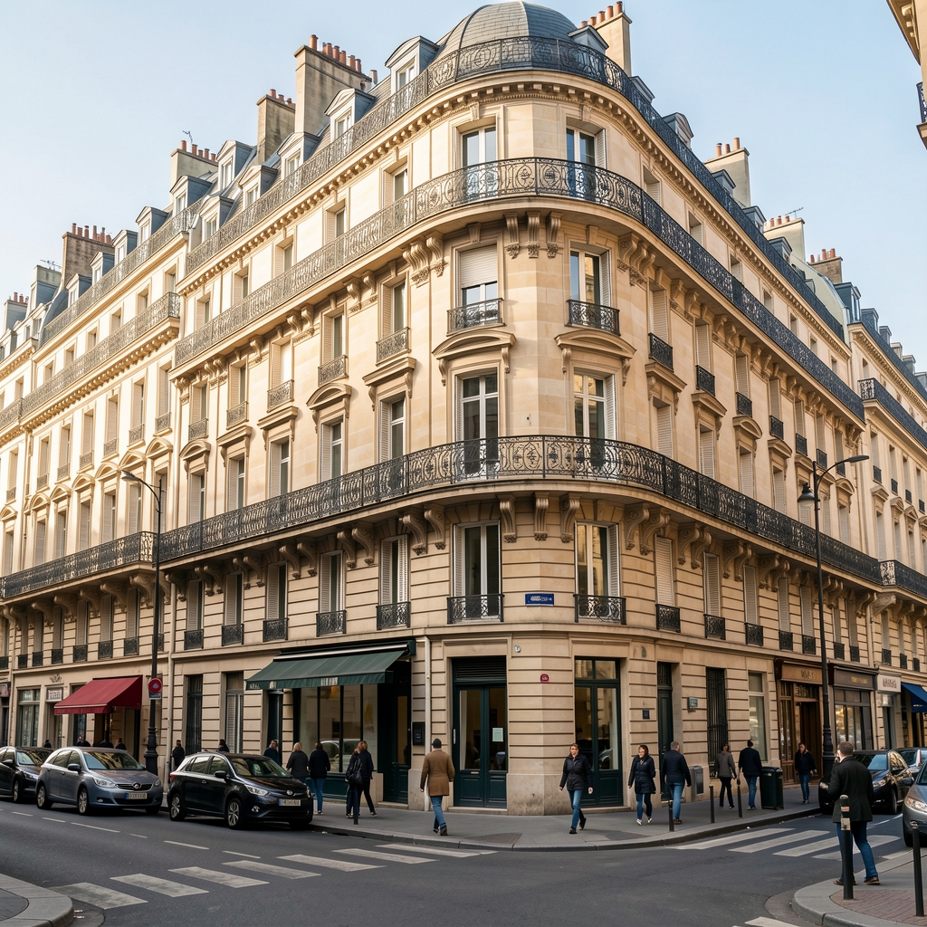 Immeubles haussmanniens typiques de Paris avec façades en pierre beige et balcons en fer forgé, vue de rue animée avec passants