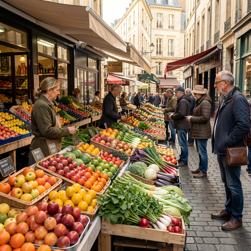 Marché alimentaire français en plein air avec étals de fruits et légumes frais colorés, commerçants et clients dans une rue pavée typique
