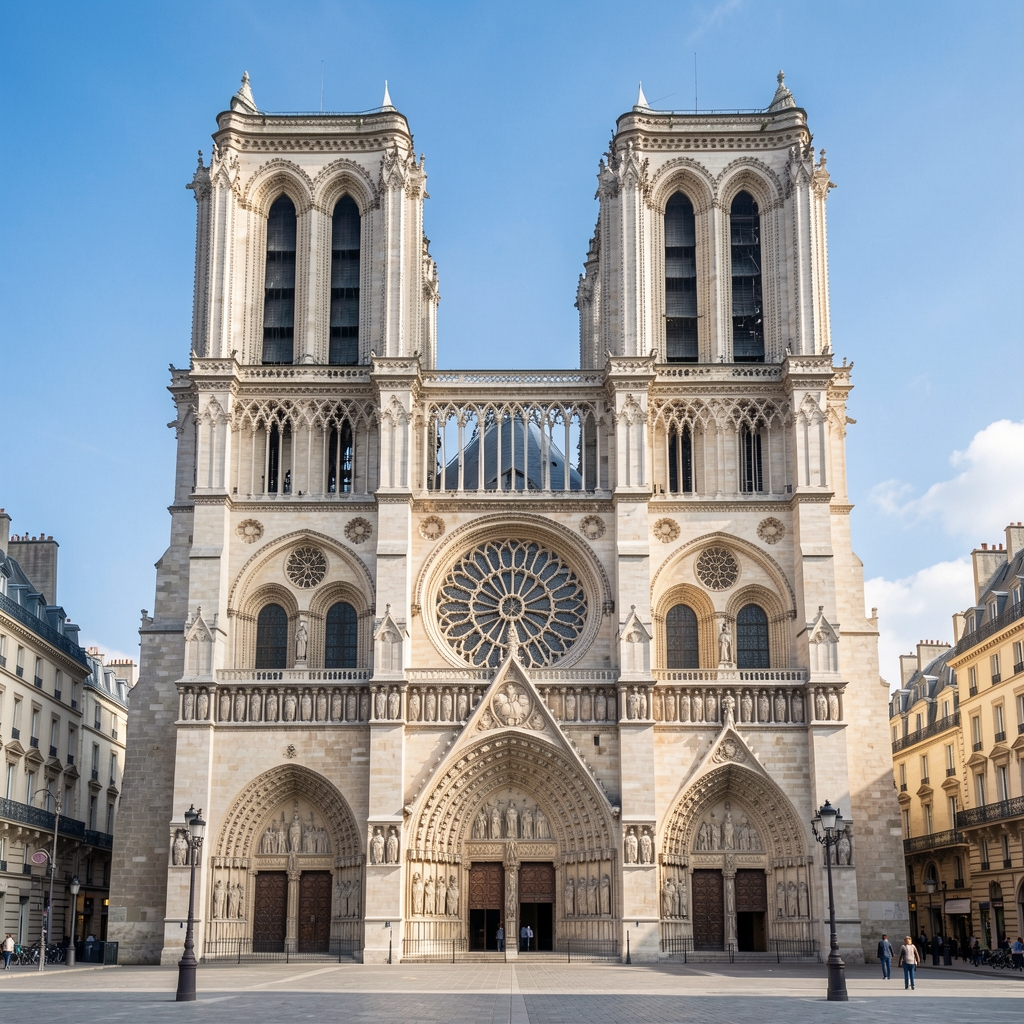 Cathédrale Notre-Dame de Paris restaurée, vue de face depuis la Place du Parvis, façade en pierre gothique avec ses tours jumelles et sa rosace sous un ciel bleu