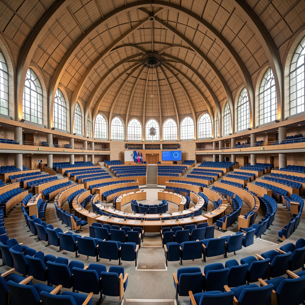 Hémicycle du Parlement européen à Strasbourg avec ses rangées de sièges bleus et la grande salle voûtée éclairée, lors d'une séance plénière