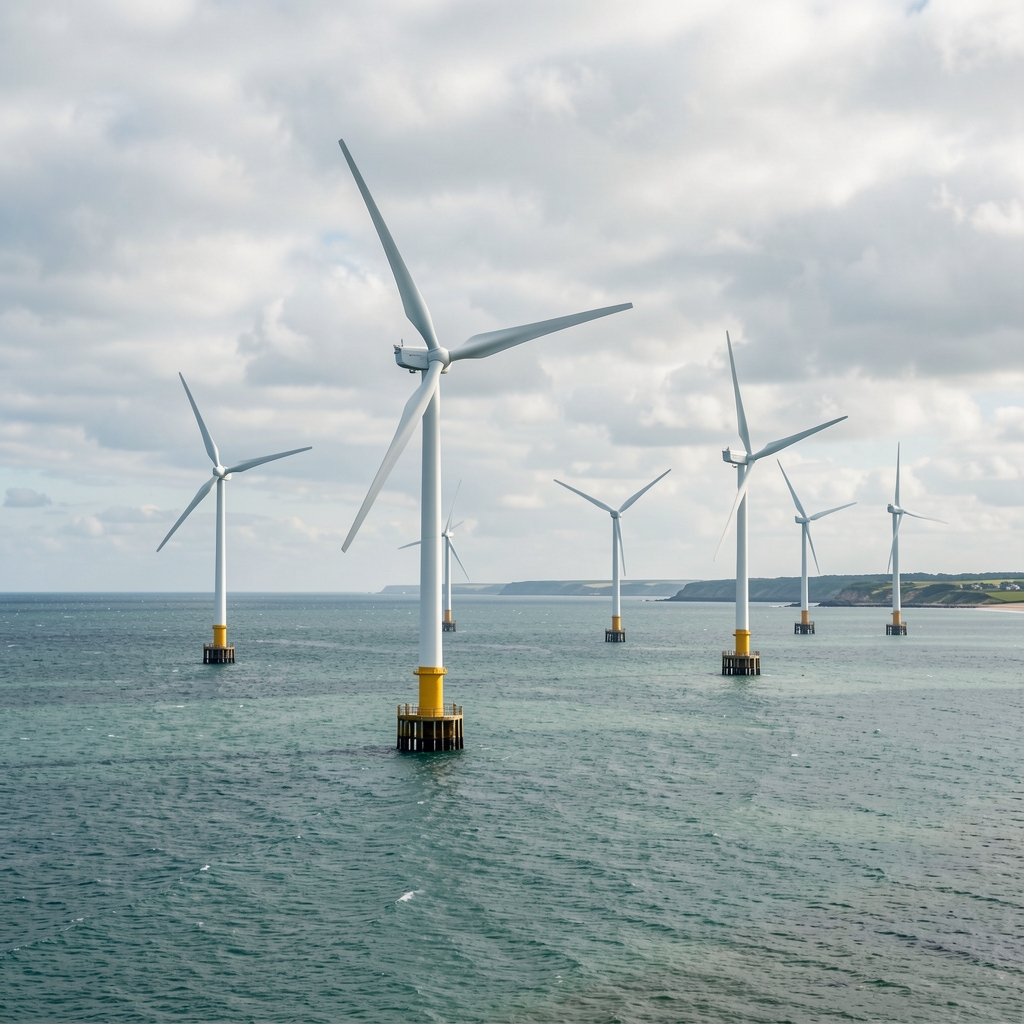 Parc éolien offshore en mer du Nord avec turbines blanches modernes sous un ciel nuageux, côtes françaises visibles en arrière-plan